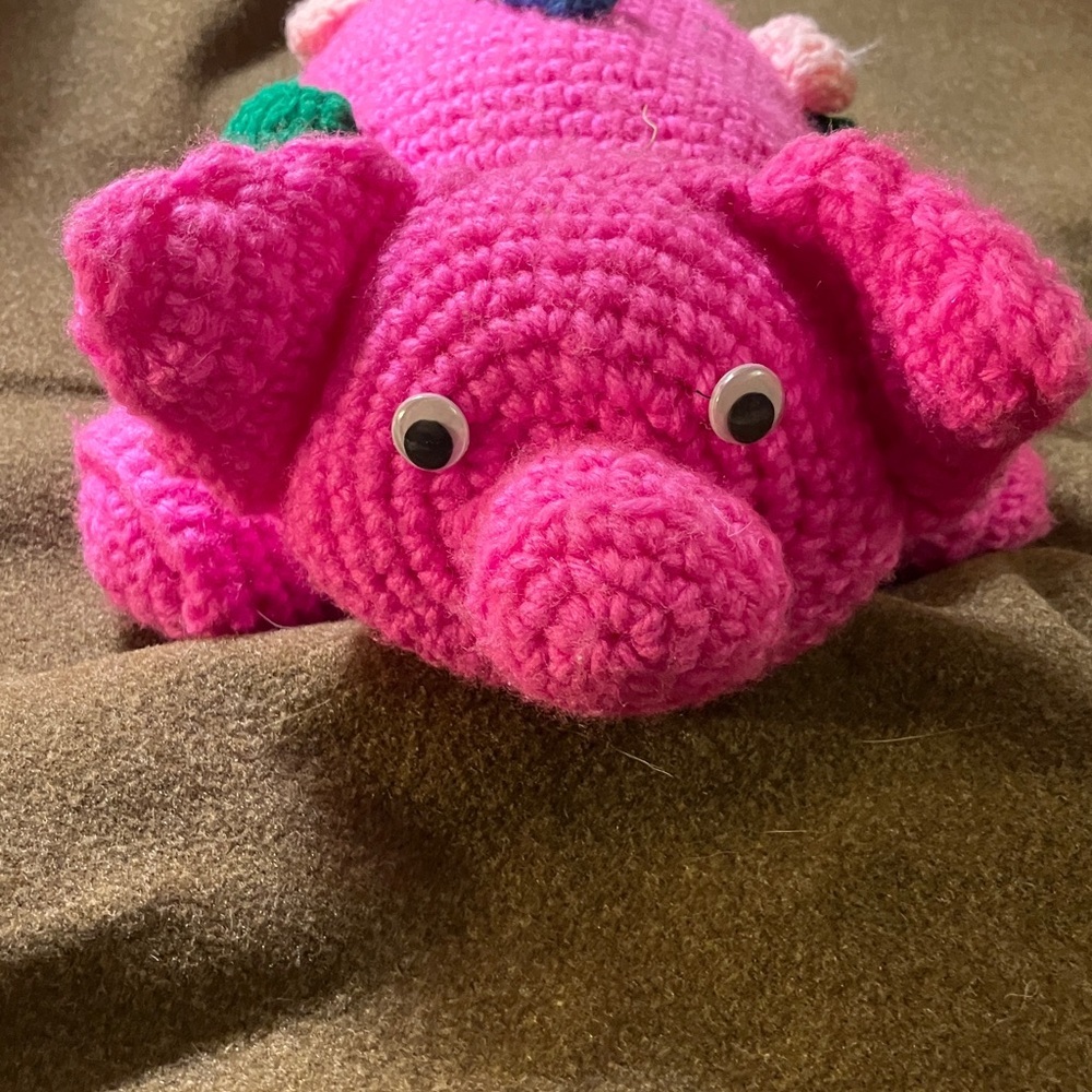 Hand knit bubblegum Pink pig with google eyes
